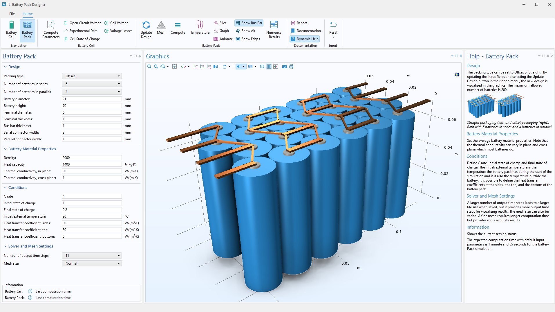 A compiled simulation app for analyzing a battery pack, with a ribbon at the top, input fields on the left, and the model on the right.COMSOL Multiphysics<sup>®</sup>